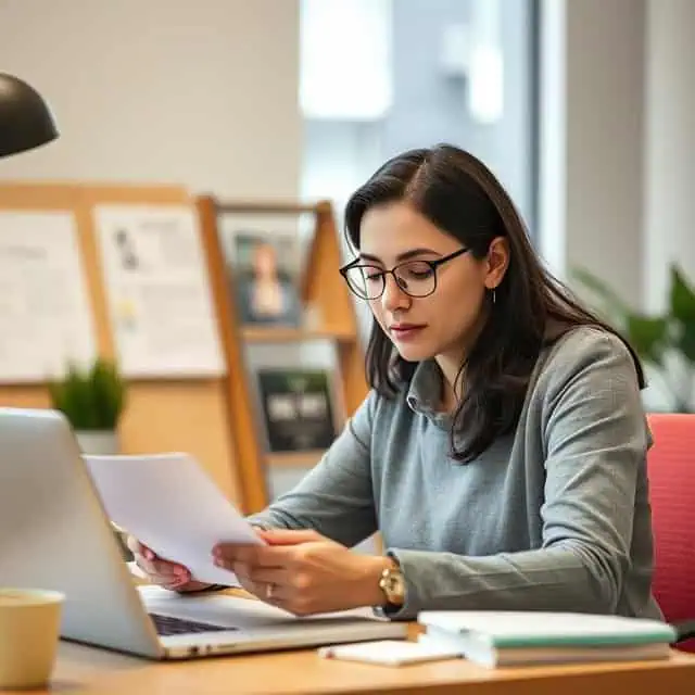 interim business development manager studying papers behind her desk