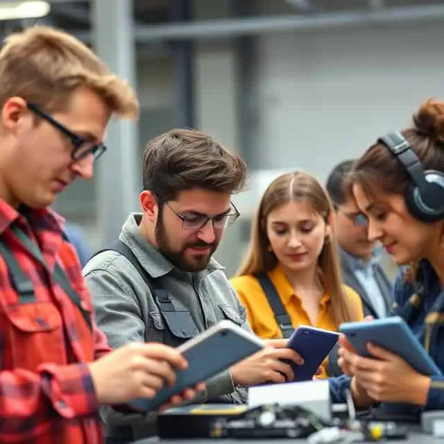 interim business development managers gathered together to check details on tablets