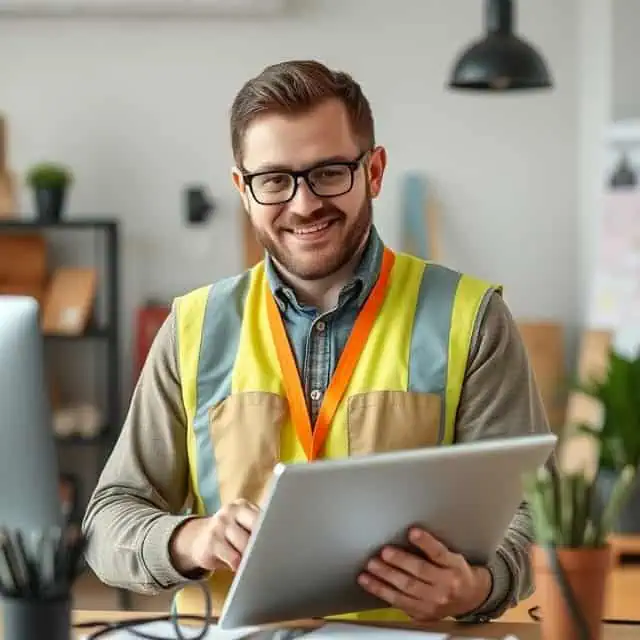 a man in a yellow vest and glasses holding a tablet