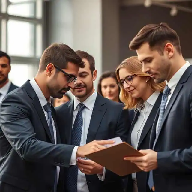 a group of people in suits looking at a folder