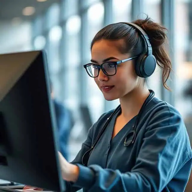 service designer with headphones on looking at computer screen