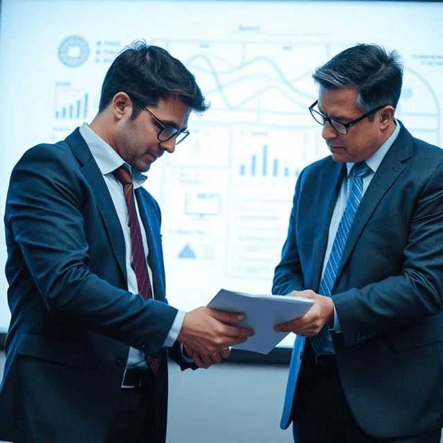 Two male managers discussing report on paper