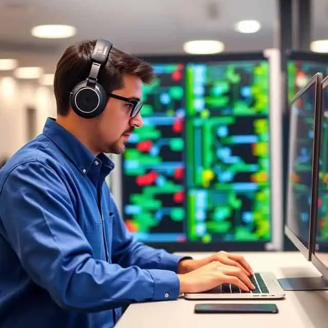 IT Integration Specialist working on computer, wearing glasses and headphones