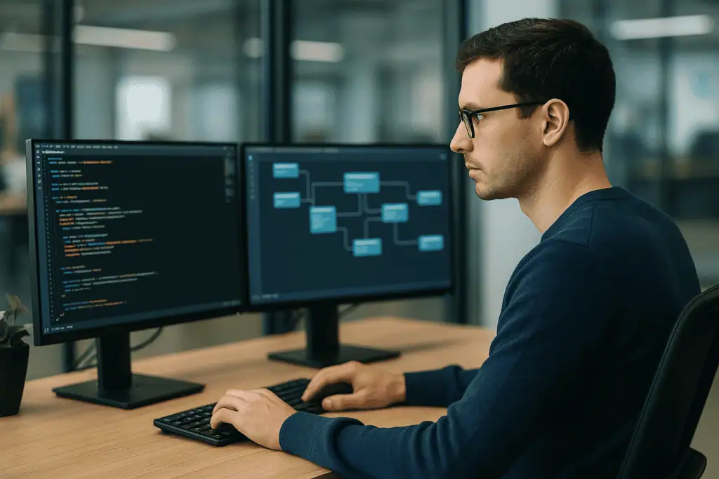 Automation developer sitting at his desk with two monitors and coding