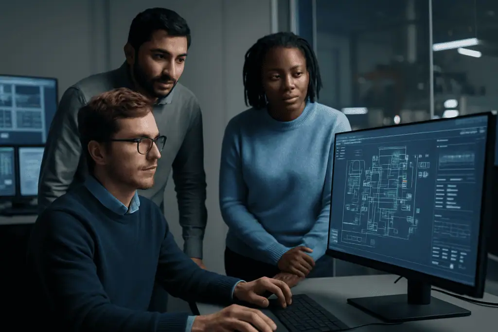 Automation developer sitting at his desk and showing a blueprint to two coworkers