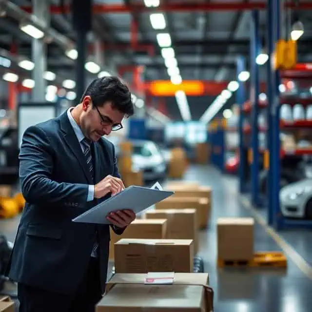 Automotive supply chain consultant taking notes in a warehouse