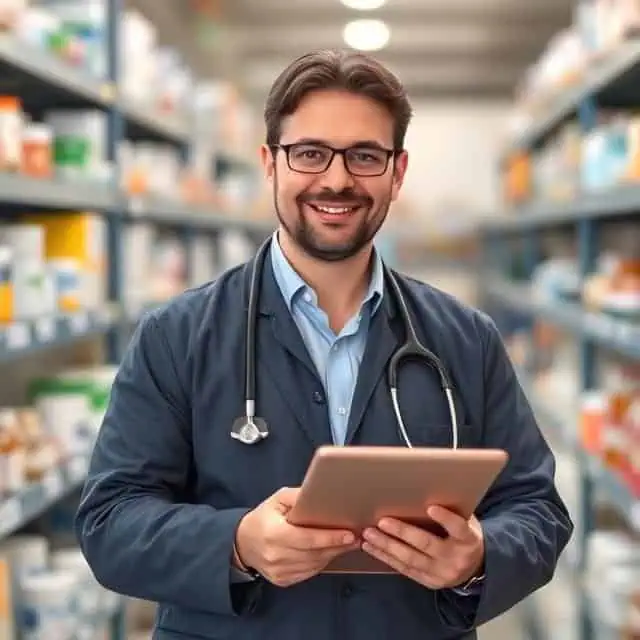 Pharmaceutical supply chain expert holding a tablet, standing in stock room