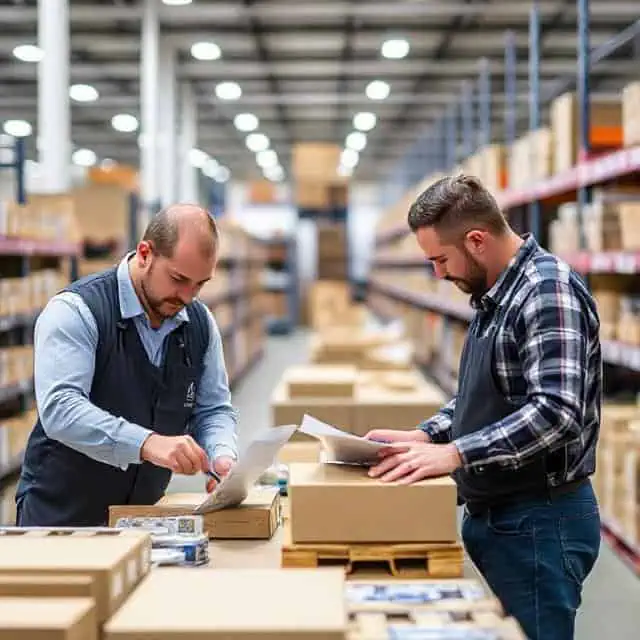 Retail supply chain consultants looking over files in warehouse with pens in hands