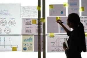 Business woman analyzing charts and graphs hanging on the wall