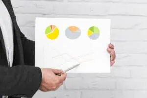 Businessman pointing at a paper showing diagrams and reports