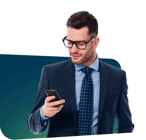 Professional businessman using smartphone, wearing suit and glasses, representing staffing solutions.