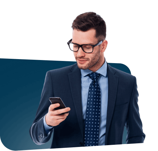 2. Expert business professional using a smartphone for interim staffing solutions.