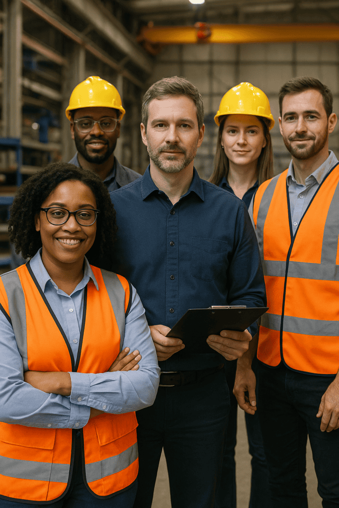 Team of production planners standing in a hall