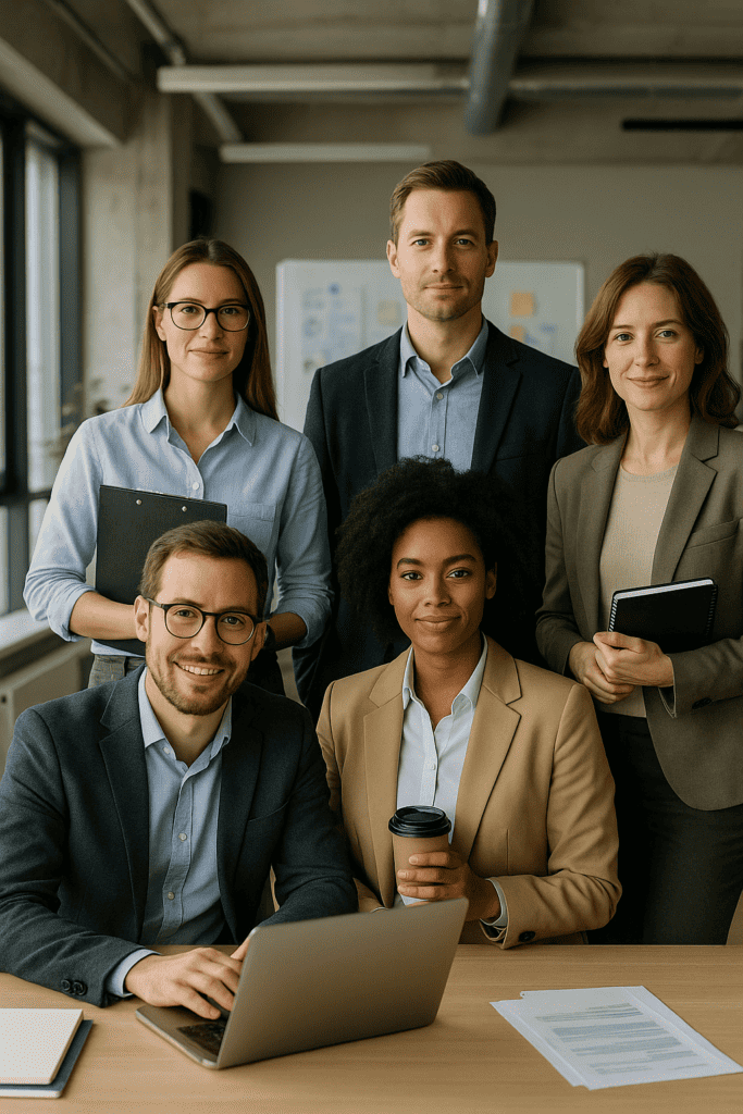 Project managers gathered in a meeting room, some sitting, some standing, hoding coffee or a tablet