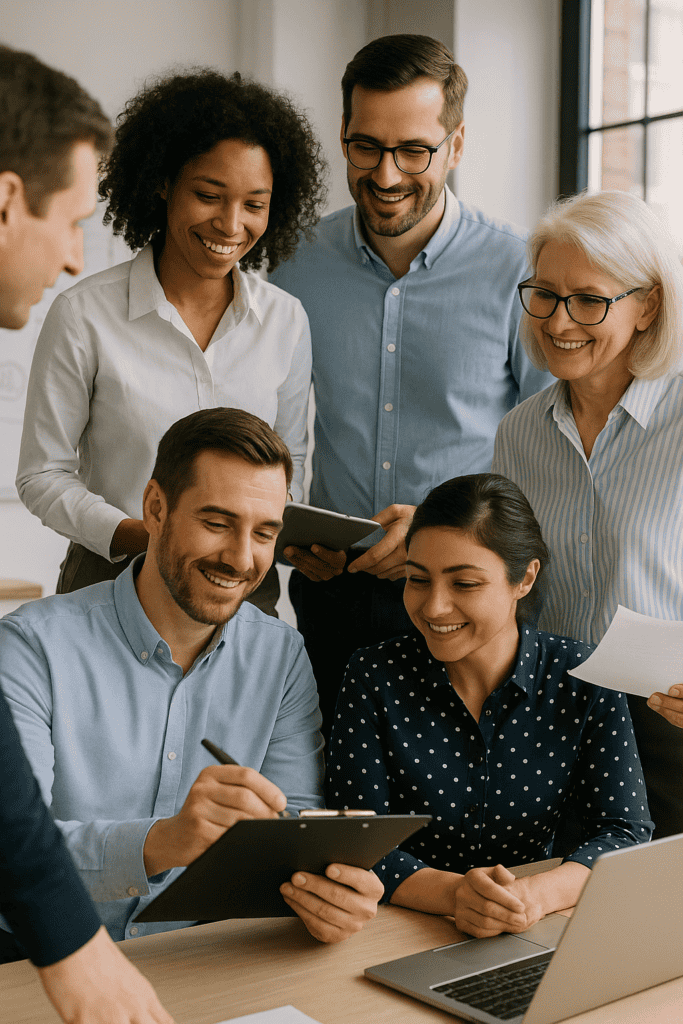 Smiling team of quality assurance experts huddled over a file report one of them is holding while they discuss the differences shown on tablet and the file