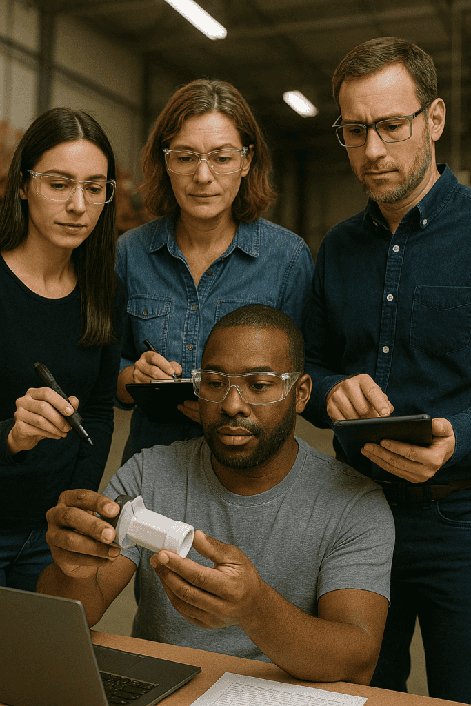 Group of quality testing professionals checking the quality of a machine part, taking notes about the findings