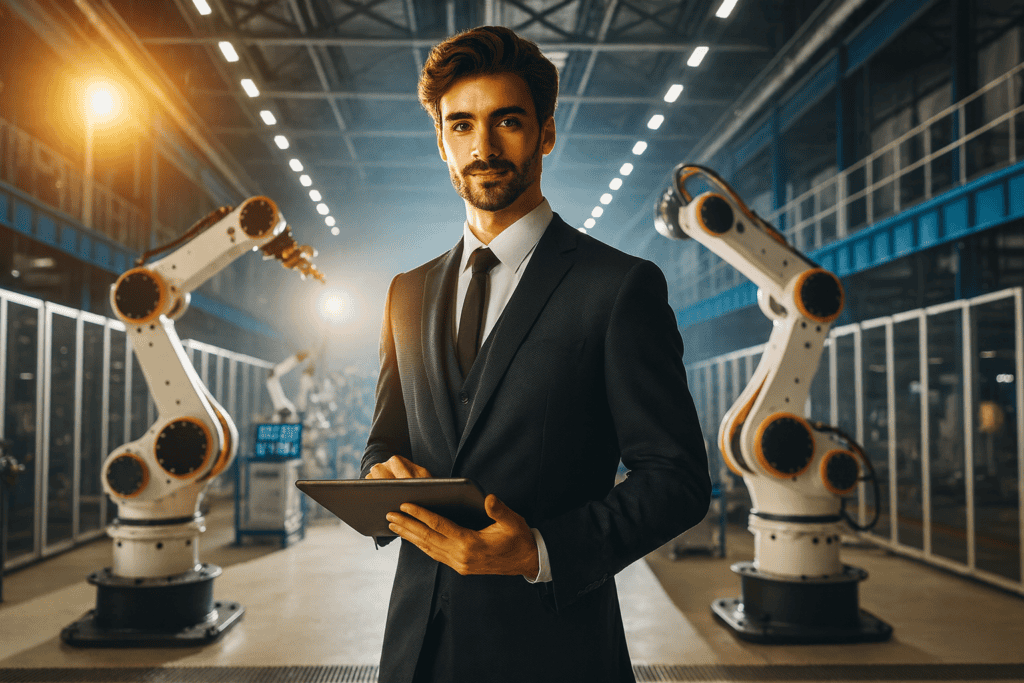 Robotics software engineer standing in front of robots