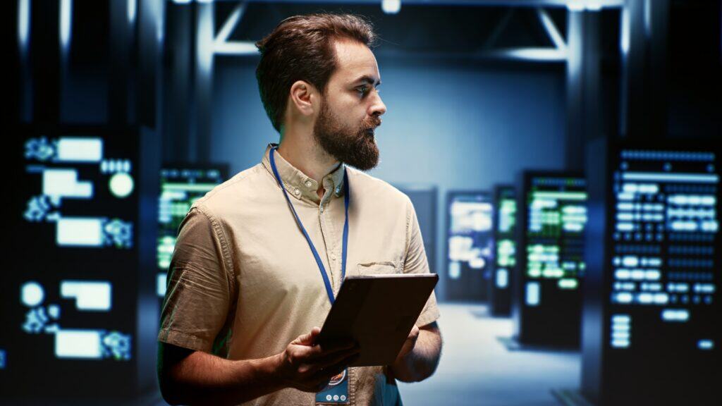 Supervisor doing routine inspection, extending high tech facility equipment life span and avoiding downtime. Manager checking data center infrastructure units for power fluctuations