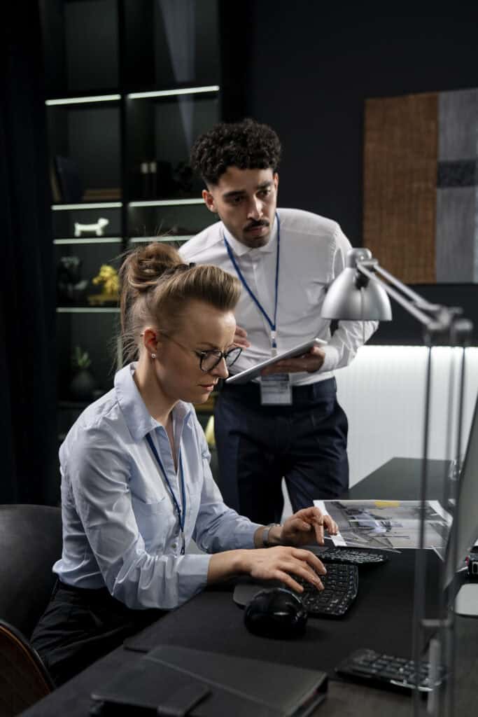 Two system integrtion engineers working together, woman is sitting in front of computer, man leaning in to see