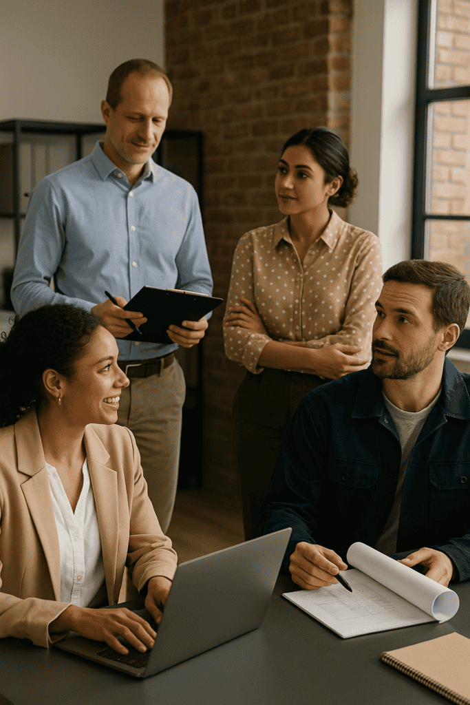 Group of four coworkers gathered to exchange opinions
