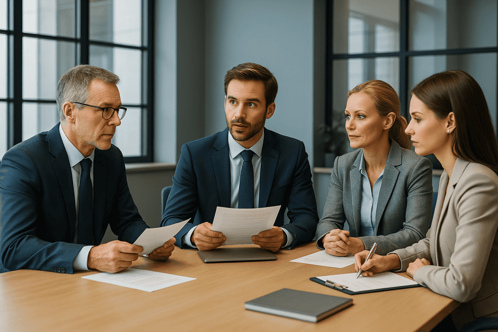8D servces team, two women and two men, have meeting in a conference room