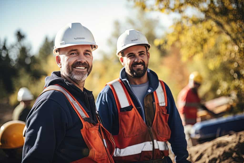 Two smiling workers wearing safety uniform work at a construction site