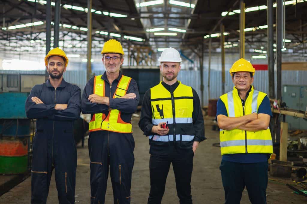 Four men in safety vests and hard hats stand together in a factory