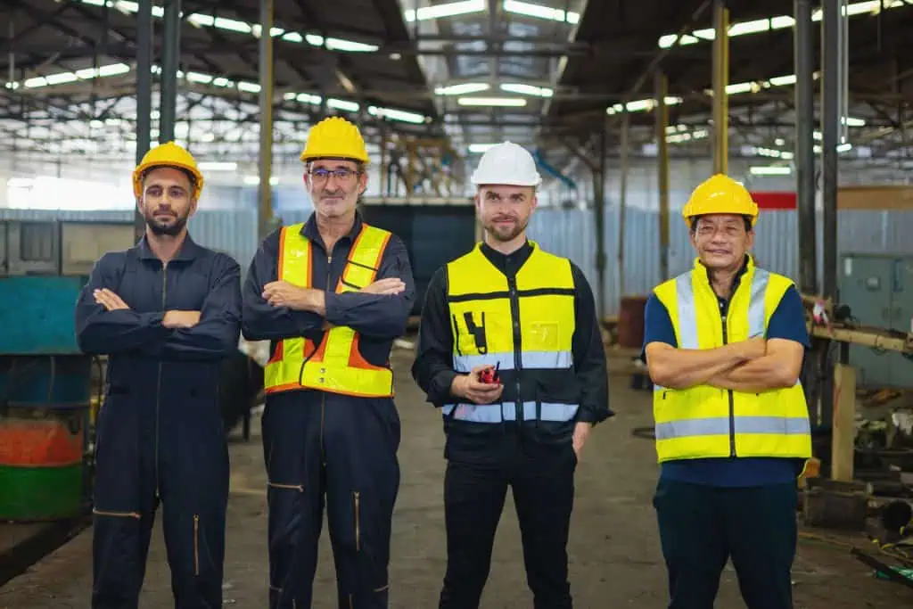 Four men in safety vests and hard hats stand together in a factory