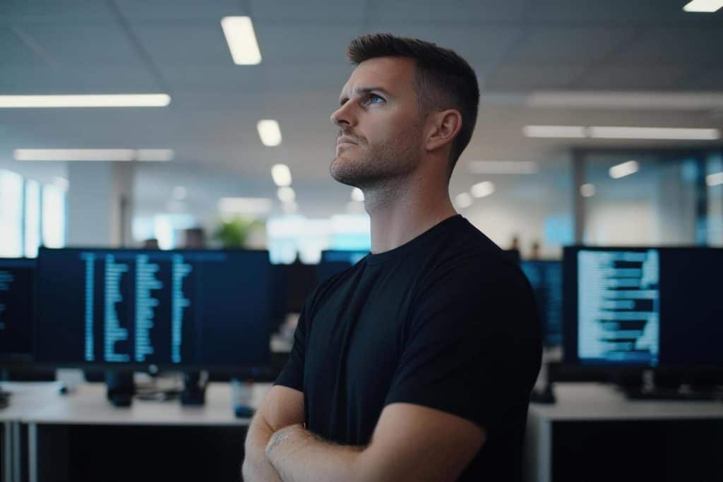 Production support professional looking upward in modern office