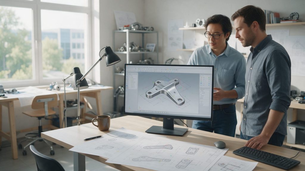 Dvaja konštruktéri prechádzajú 3D model kovového držiaka v CAD počas FMEA návrhu