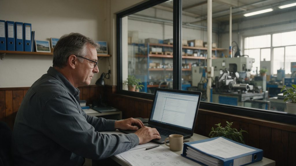 Skúsený inžinier si v kancelárii vedľa výrobnej haly prezerá na notebooku otvorené interim projekty