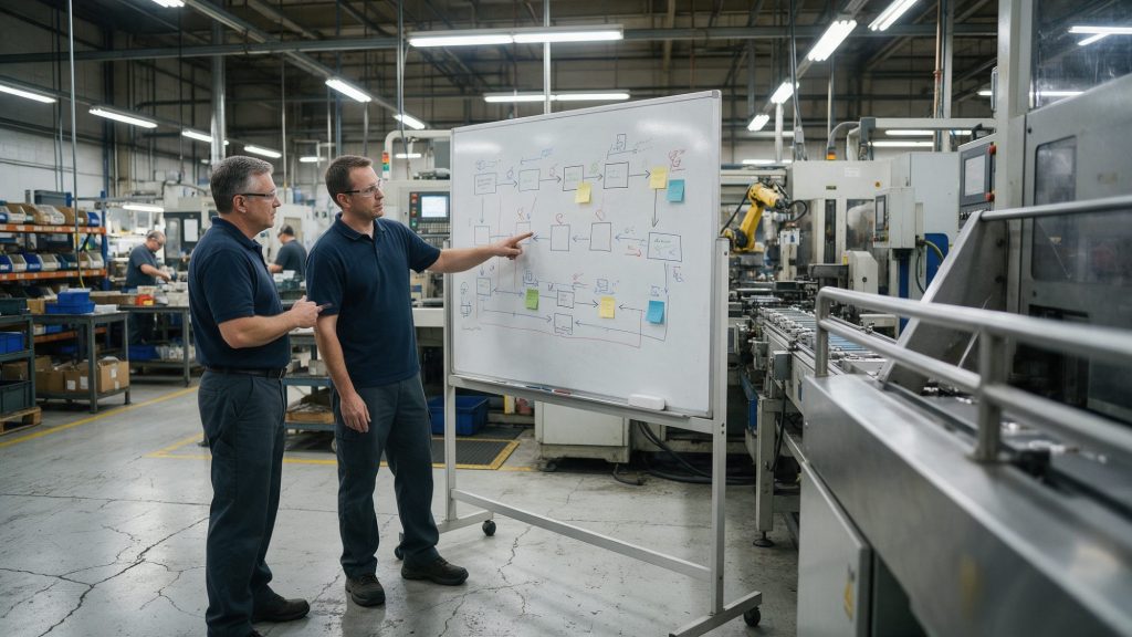 Riaditeľ závodu a lean inžinier pri ručne nakreslenej mape toku hodnôt na tabuli vedľa výrobnej linky