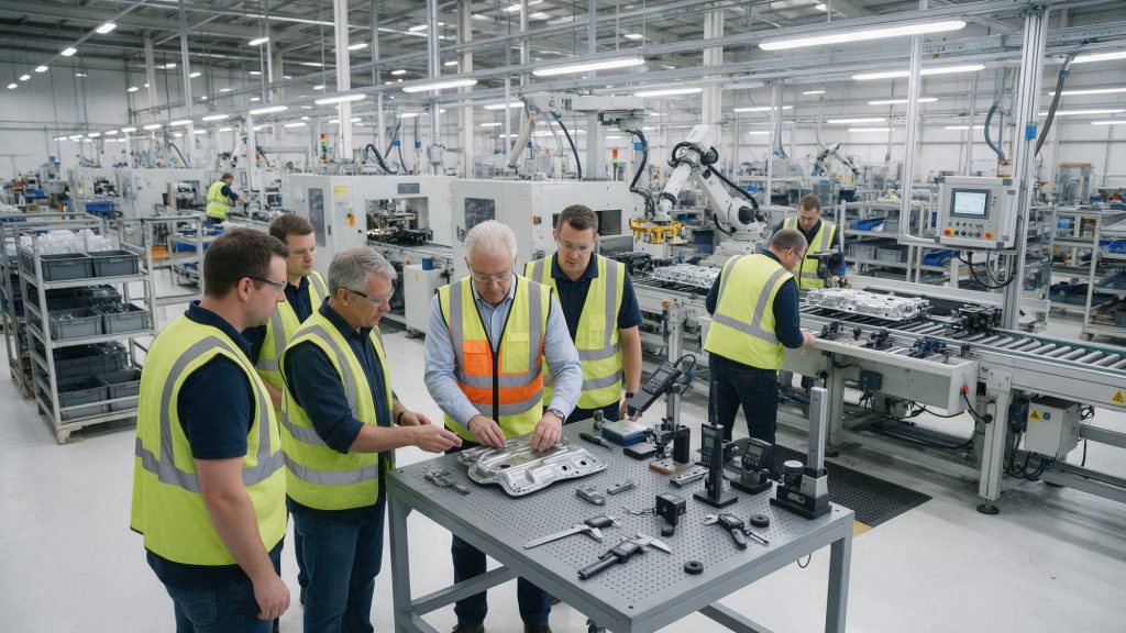 Interim launch manažér s tímom závodu kontroluje prvé diely nového produktu na pilotnej výrobnej linke