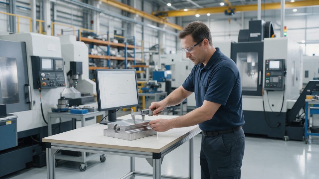Inžinier kvality meria obrobený diel digitálnym posuvným meradlom pri CNC strojoch, na monitore vedľa neho je regulačný diagram