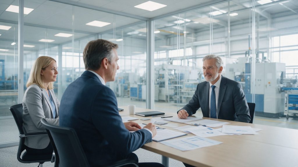 Konateľ robí pohovor s kandidátom na obchodného riaditeľa v zasadačke vedľa výrobnej haly