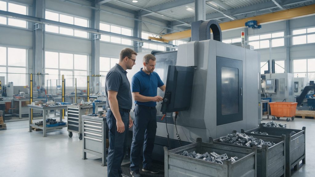 Riaditeľ výroby a operátor pri CNC obrábacom centre, pred ktorým čakajú diely