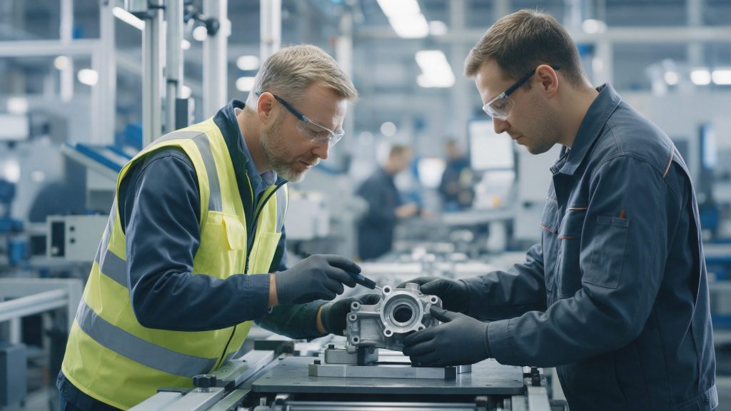 Inžinier kvality a operátor kontrolujú obrobený diel pre automobilový priemysel na pracovisku pri výrobnej linke